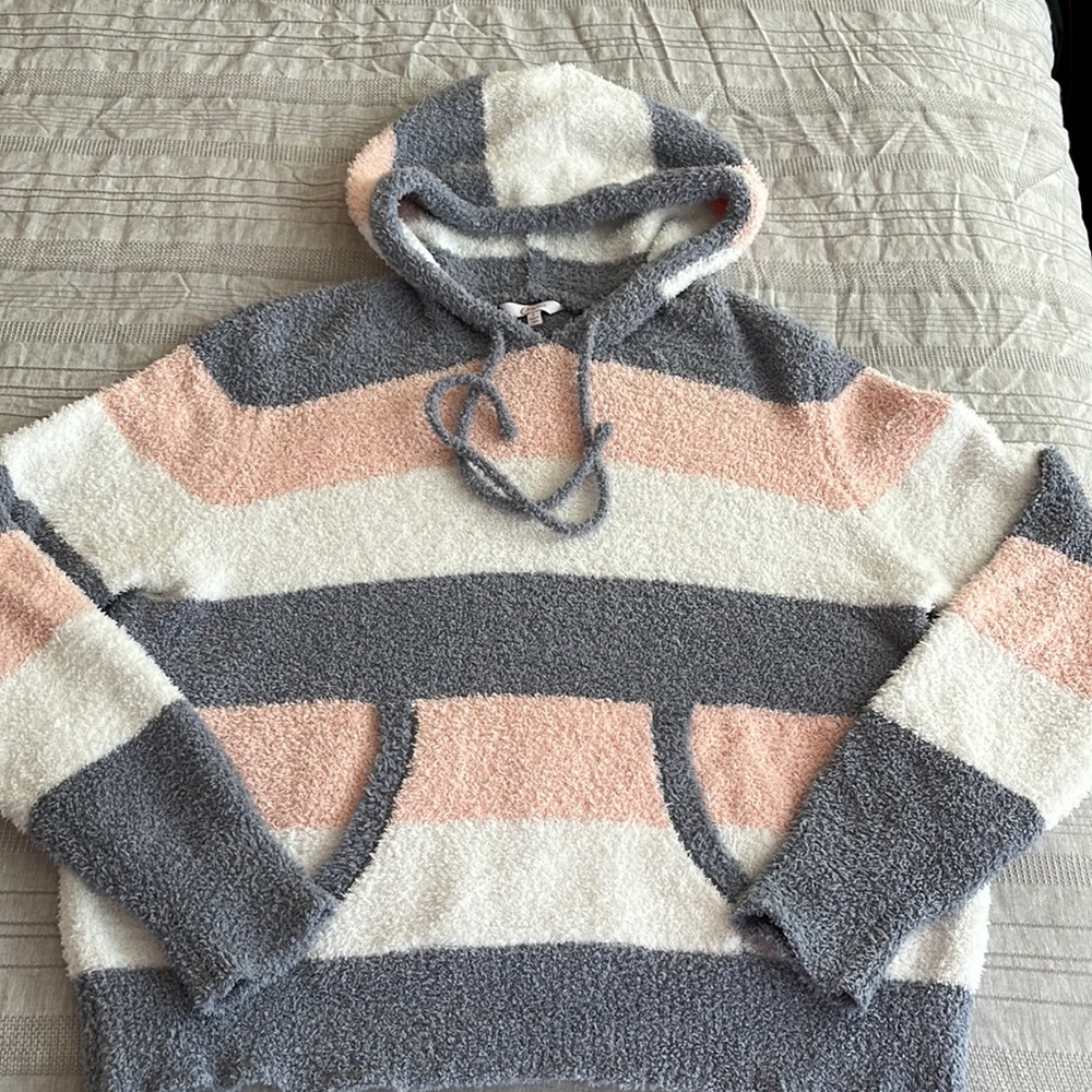 Women’s Candie’s Plush Hoodie, pink, gray and white- size large juniors